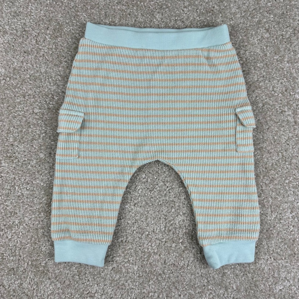 Cloud Island Baby 6-9M Waffle Knit Striped Cargo Jogger Pants Mint Green Cotton